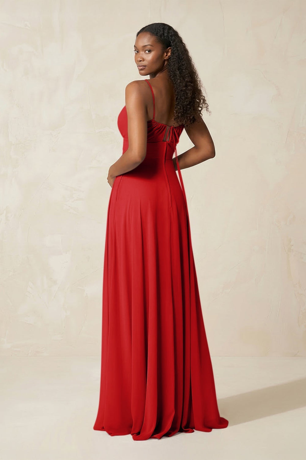 A-Line Ruched Chiffon Spaghetti Strap Bridesmaid Dress in Ruby Red