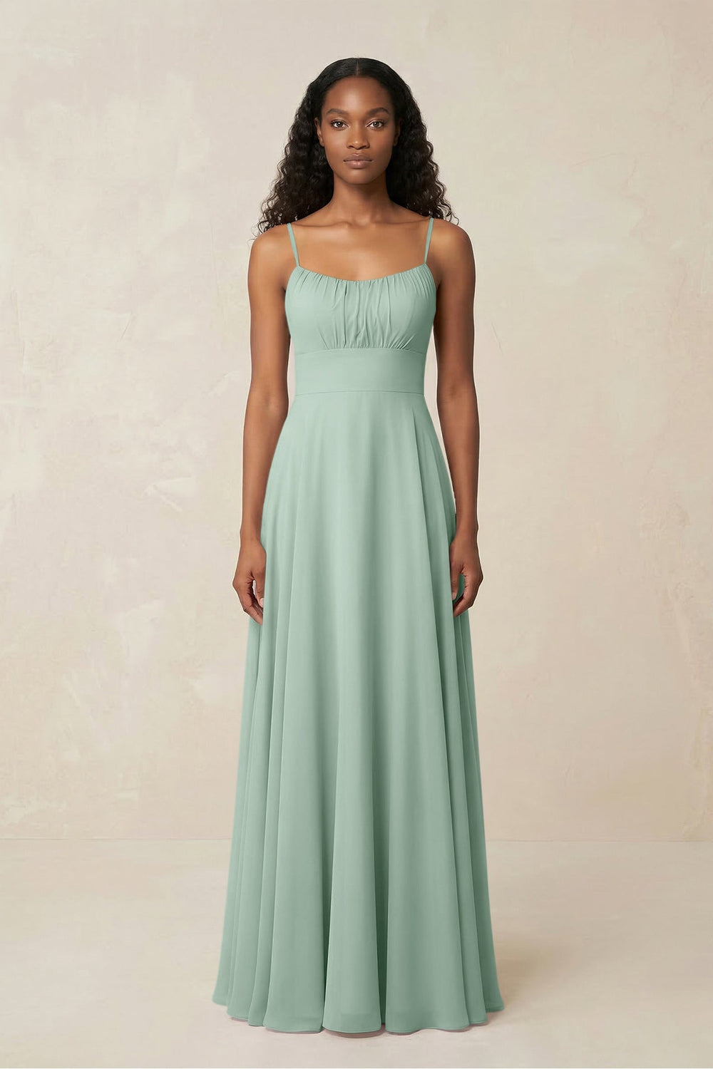 A-Line Ruched Chiffon Spaghetti Strap Bridesmaid Dress in Sage