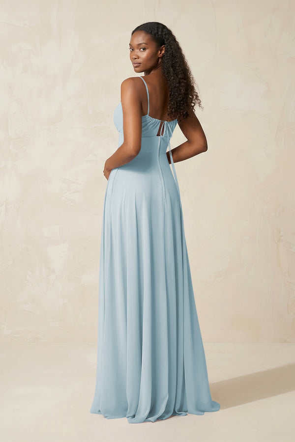 A-Line Ruched Chiffon Spaghetti Strap Bridesmaid Dress in Sky Blue (2) | KISSBRIDAL