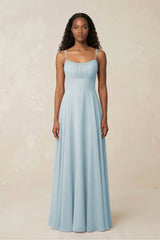 A-Line Ruched Chiffon Spaghetti Strap Bridesmaid Dress in Sky Blue | KISSBRIDAL