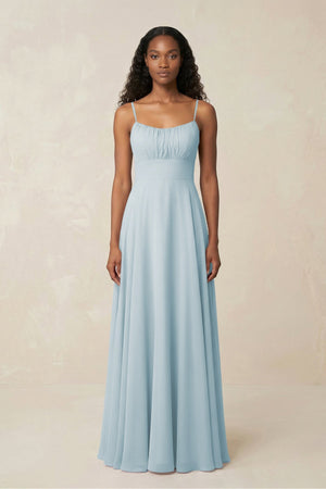 A-Line Ruched Chiffon Spaghetti Strap Bridesmaid Dress in Sky Blue | KISSBRIDAL