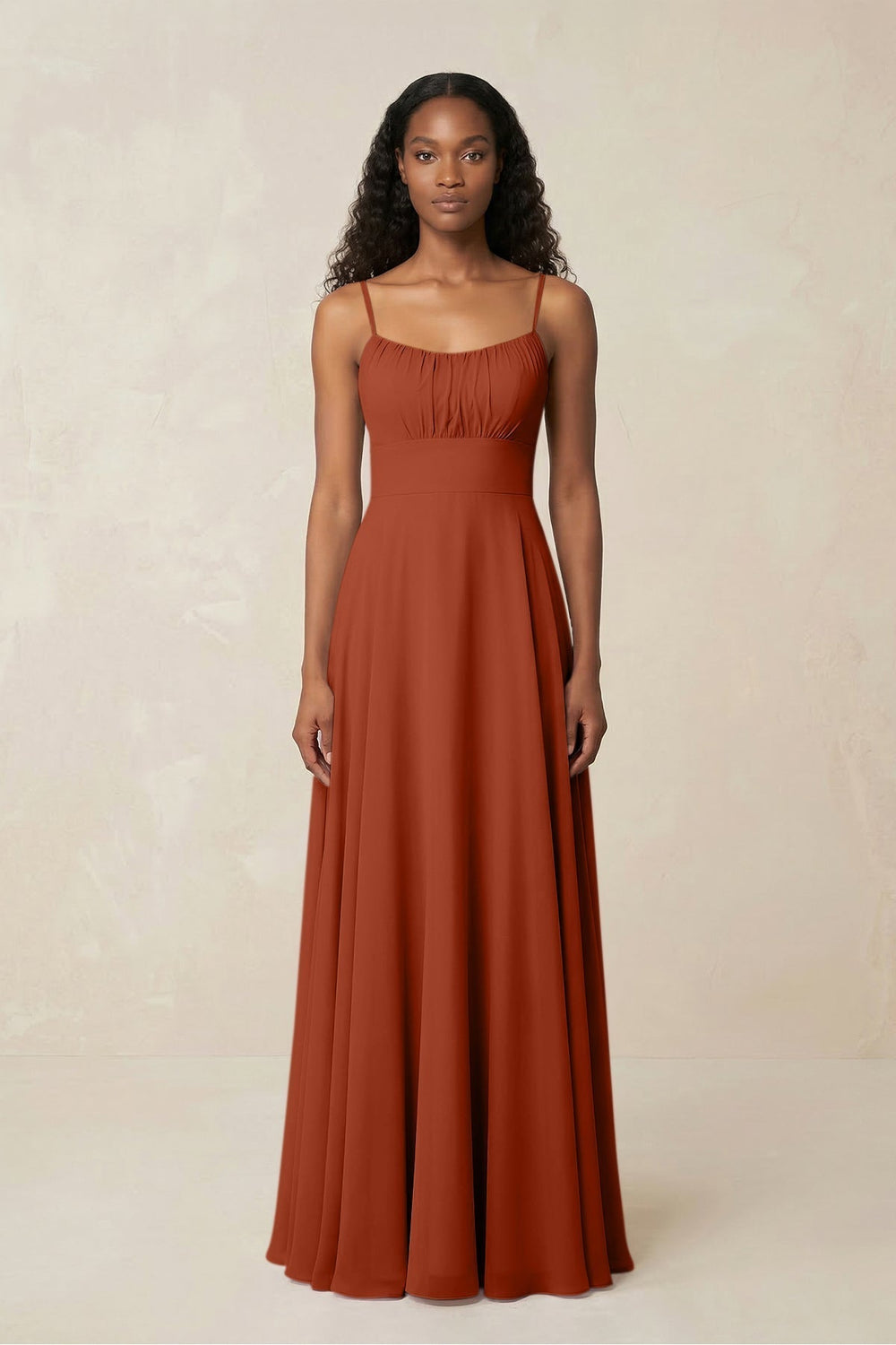 A-Line Ruched Chiffon Spaghetti Strap Bridesmaid Dress in Spice