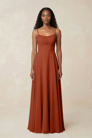 A - Line Ruched Chiffon Spaghetti Strap Bridesmaid Dress in Spice - KISS BRIDAL Bridesmaid Dresses