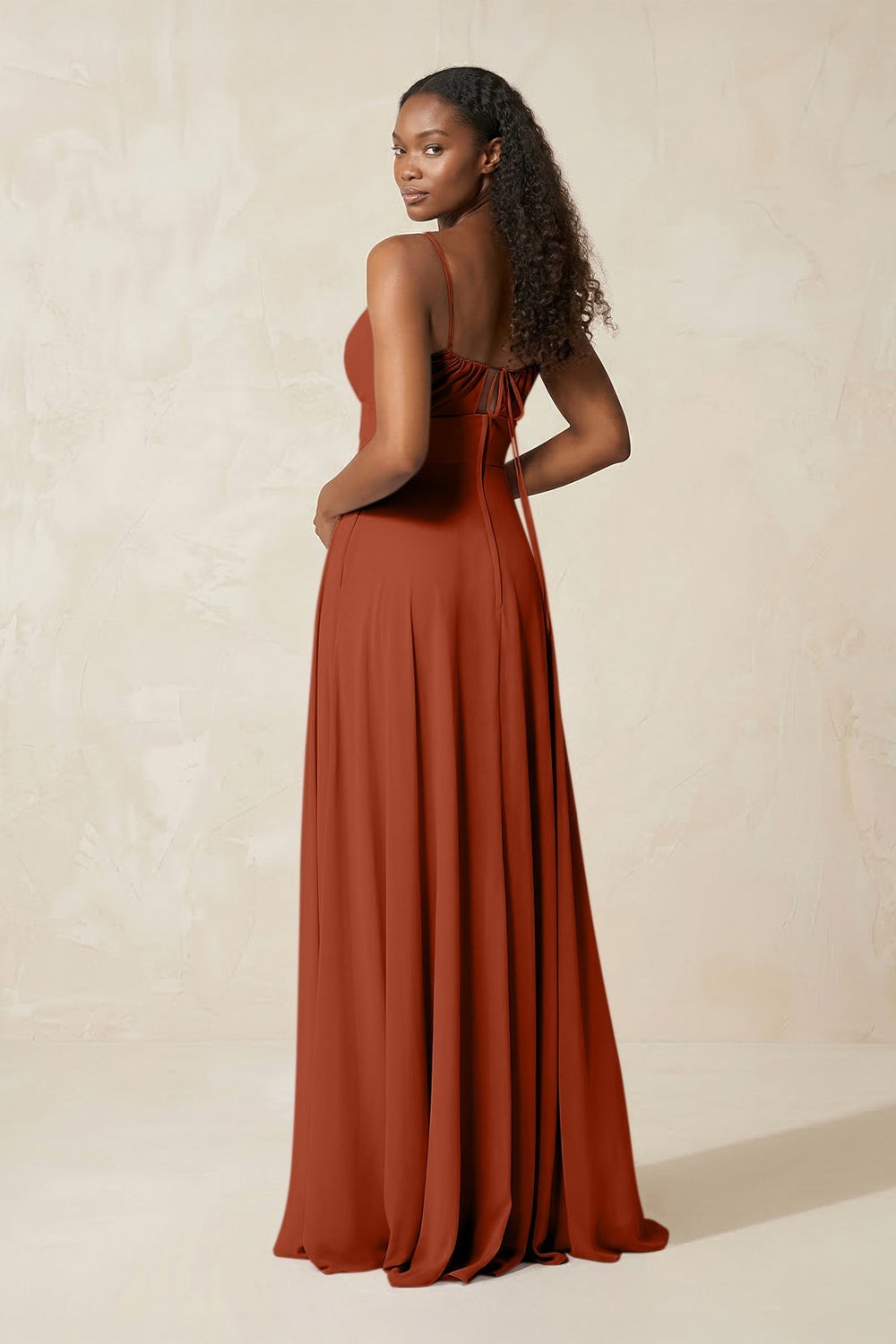 A-Line Ruched Chiffon Spaghetti Strap Bridesmaid Dress in Spice