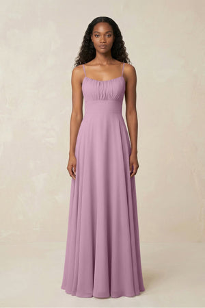 A - Line Ruched Chiffon Spaghetti Strap Bridesmaid Dress in Wisteria - KISS BRIDAL Bridesmaid Dresses
