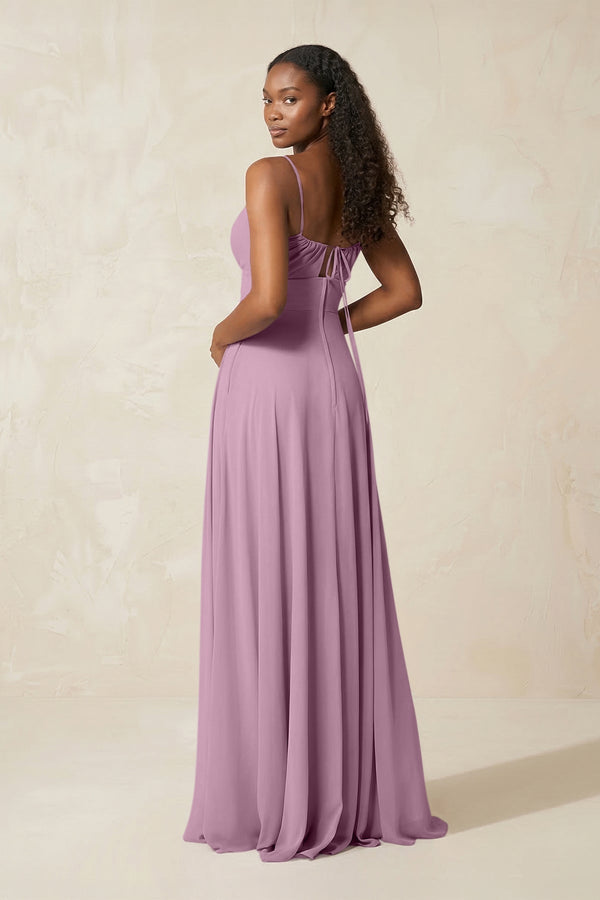 A - Line Ruched Chiffon Spaghetti Strap Bridesmaid Dress in Wisteria - KISS BRIDAL Bridesmaid Dresses