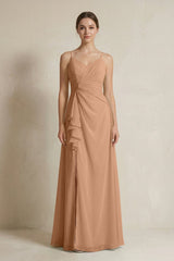 A - Line Ruffled Spaghetti Strap Chiffon Bridesmaid Dress in Bronzer - KISS BRIDAL Bridesmaid Dresses