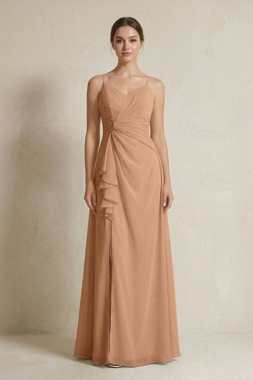 A - Line Ruffled Spaghetti Strap Chiffon Bridesmaid Dress in Bronzer - KISS BRIDAL Bridesmaid Dresses