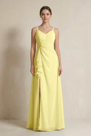 A - Line Ruffled Spaghetti Strap Chiffon Bridesmaid Dress in Buttercup - KISS BRIDAL Bridesmaid Dresses