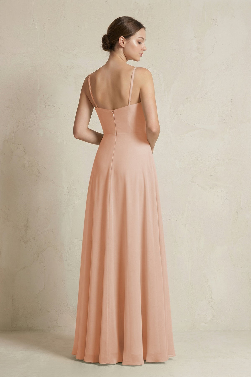 A-Line Ruffled Spaghetti Strap Chiffon Bridesmaid Dress in Champagne Rose