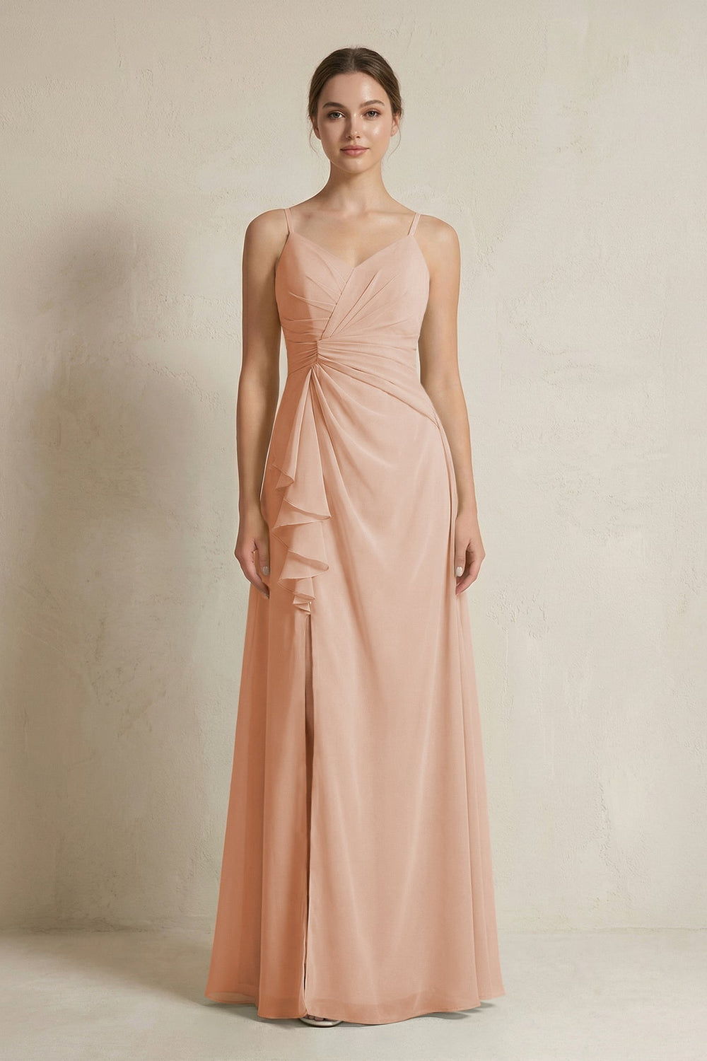 A-Line Ruffled Spaghetti Strap Chiffon Bridesmaid Dress in Champagne Rose