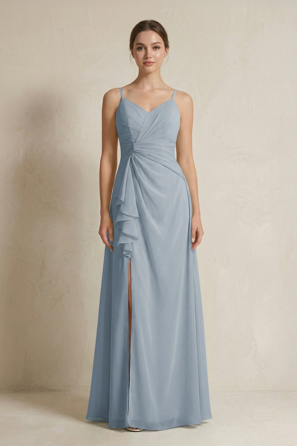 A-Line Ruffled Spaghetti Strap Chiffon Bridesmaid Dress in Dusty Blue