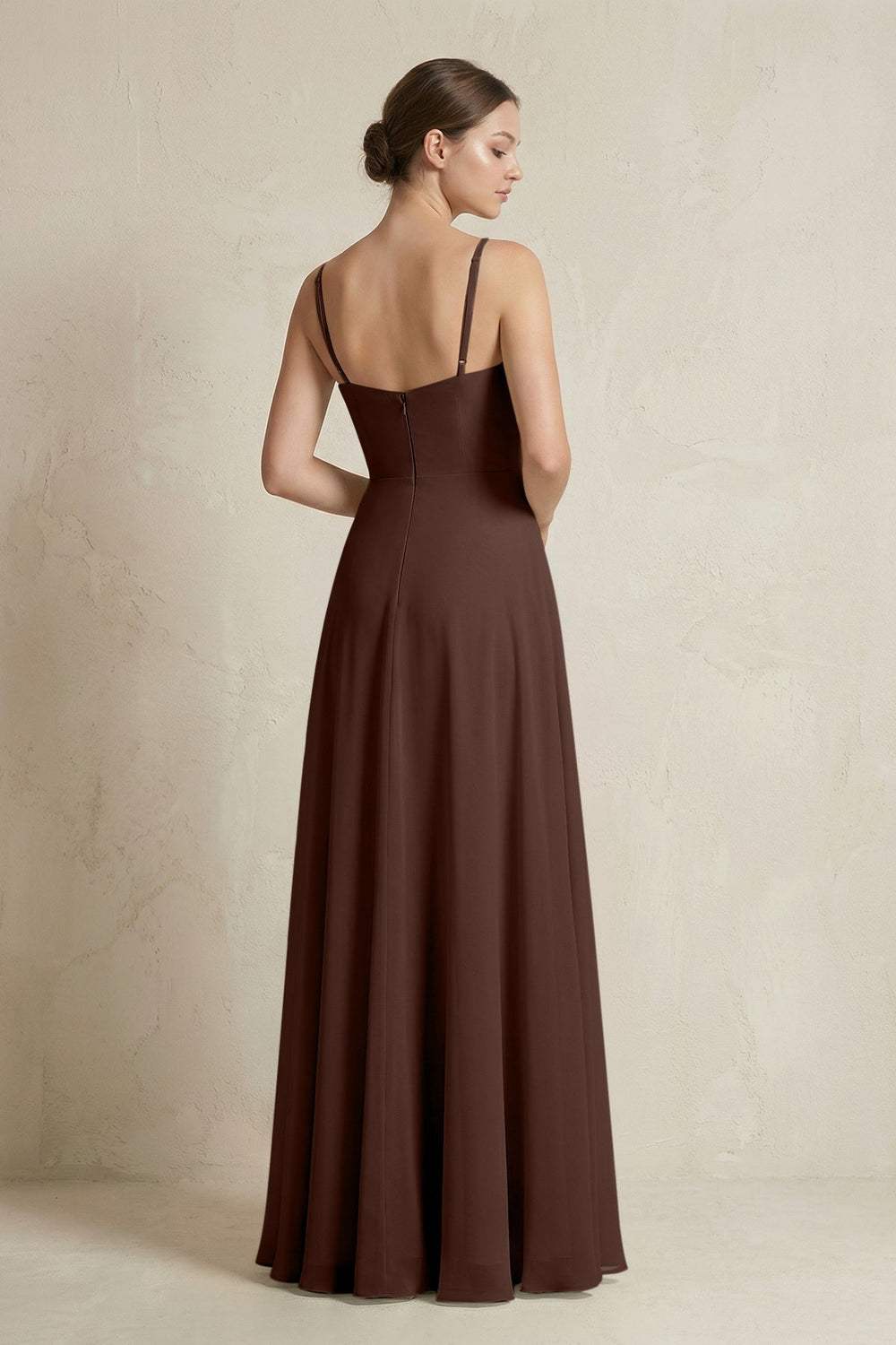 A-Line Ruffled Spaghetti Strap Chiffon Bridesmaid Dress in Espresso