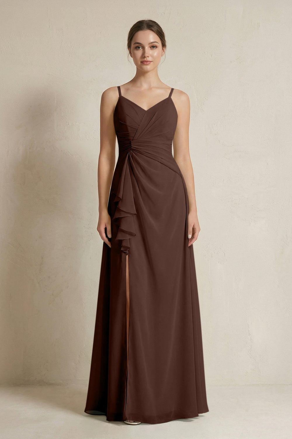 A-Line Ruffled Spaghetti Strap Chiffon Bridesmaid Dress in Espresso