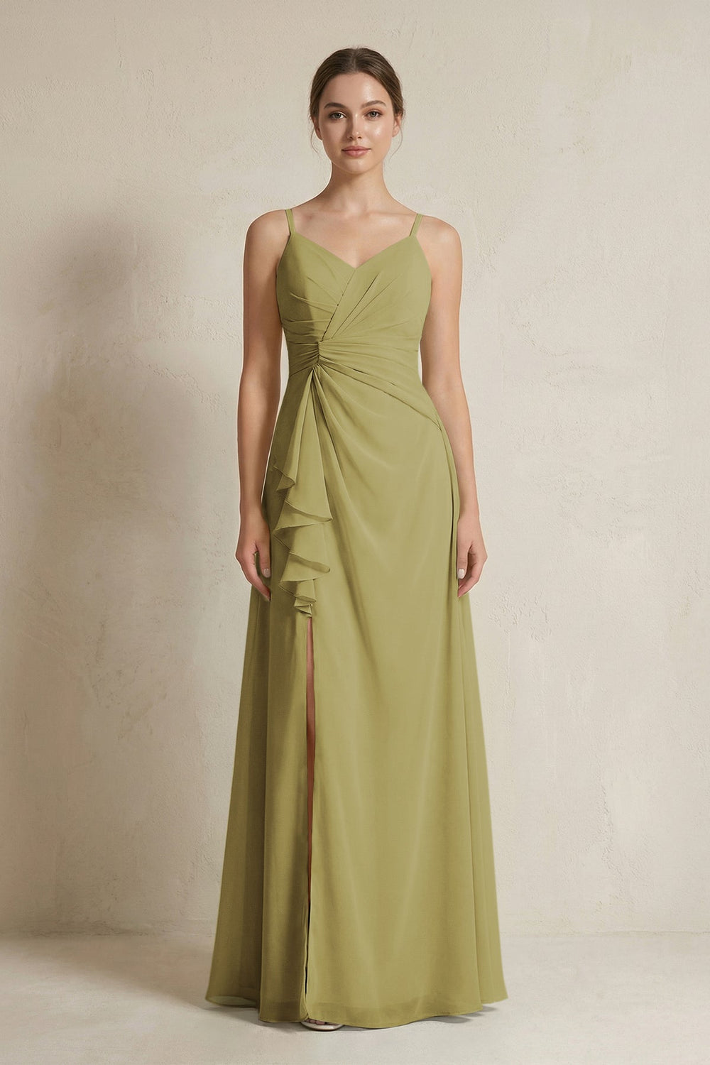 A-Line Ruffled Spaghetti Strap Chiffon Bridesmaid Dress in Moss Green