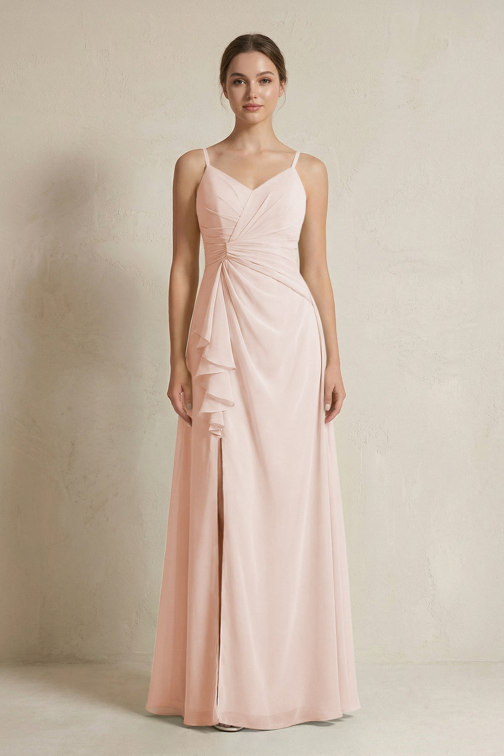 A-Line Ruffled Spaghetti Strap Chiffon Bridesmaid Dress in Pale Blush