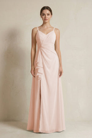 A - Line Ruffled Spaghetti Strap Chiffon Bridesmaid Dress in Pale Blush - KISS BRIDAL Bridesmaid Dresses