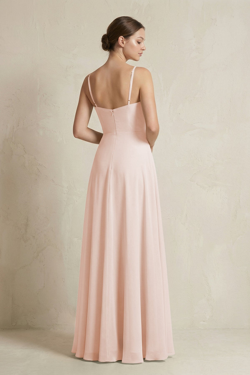 A-Line Ruffled Spaghetti Strap Chiffon Bridesmaid Dress in Pale Blush