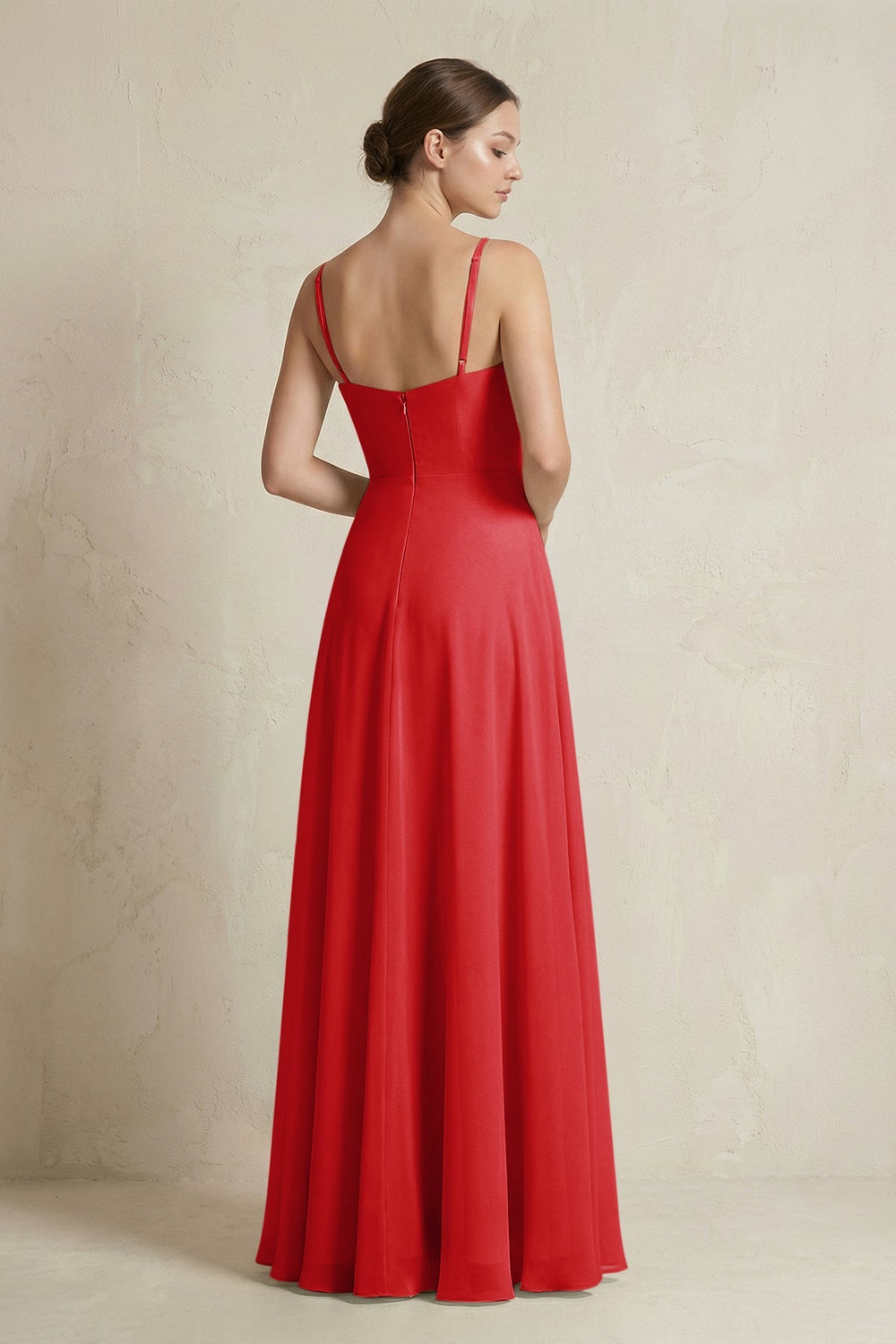 A-Line Ruffled Spaghetti Strap Chiffon Bridesmaid Dress in Ruby Red