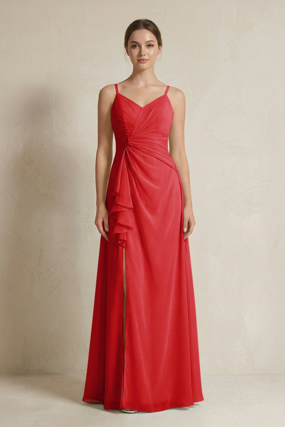 A-Line Ruffled Spaghetti Strap Chiffon Bridesmaid Dress in Ruby Red