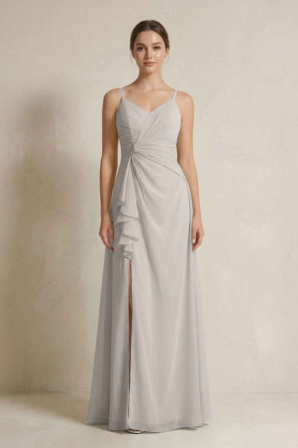 A-Line Ruffled Spaghetti Strap Chiffon Bridesmaid Dress in Silver
