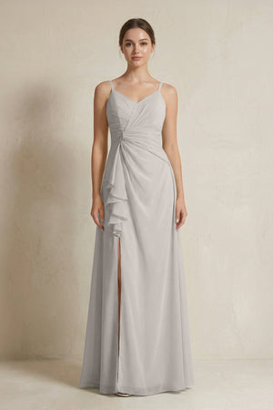 A - Line Ruffled Spaghetti Strap Chiffon Bridesmaid Dress in Silver - KISS BRIDAL Bridesmaid Dresses