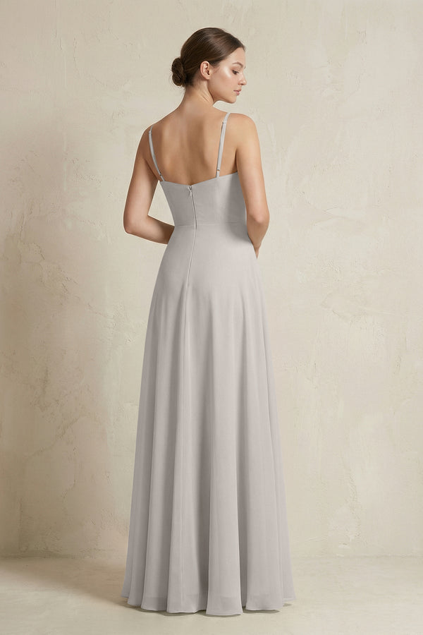 A - Line Ruffled Spaghetti Strap Chiffon Bridesmaid Dress in Silver - KISS BRIDAL Bridesmaid Dresses