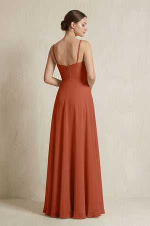 A - Line Ruffled Spaghetti Strap Chiffon Bridesmaid Dress in Spice - KISS BRIDAL Bridesmaid Dresses