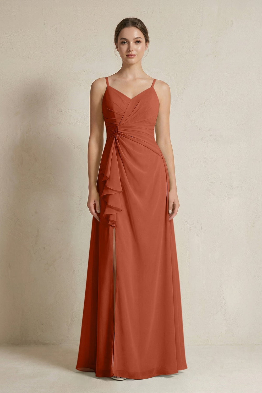 A-Line Ruffled Spaghetti Strap Chiffon Bridesmaid Dress in Spice
