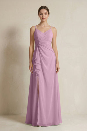 A - Line Ruffled Spaghetti Strap Chiffon Bridesmaid Dress in Wisteria - KISS BRIDAL Bridesmaid Dresses