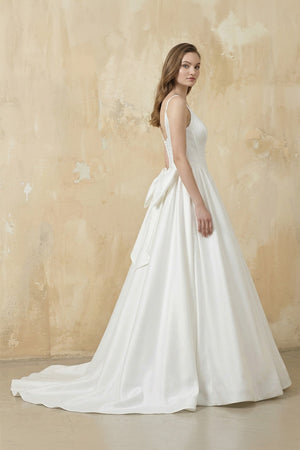 A Line Satin Ball Gown With Bow in White - KISS BRIDAL Wedding Dresses