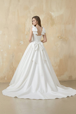 A Line Satin Ball Gown With Bow in White - KISS BRIDAL Wedding Dresses