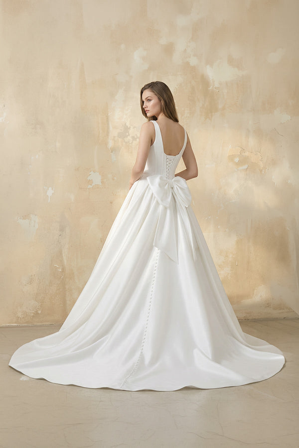 A Line Satin Ball Gown With Bow in White - KISS BRIDAL Wedding Dresses