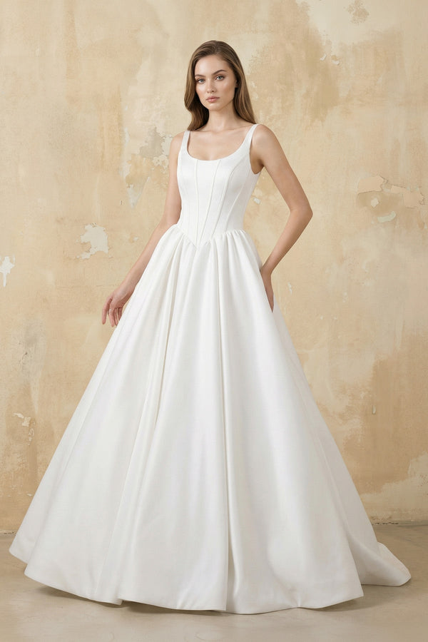 A Line Satin Ball Gown With Bow in White - KISS BRIDAL Wedding Dresses