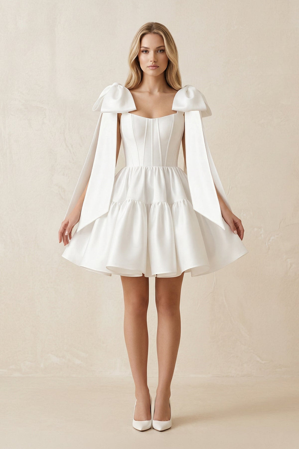 A-Line Satin Corset Mini Wedding Dress With Bow in White