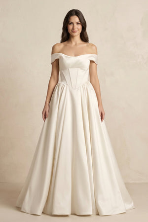 A - Line Satin Off - the - Shoulder Corset Wedding Dress in Ivory - KISS BRIDAL Wedding Dresses
