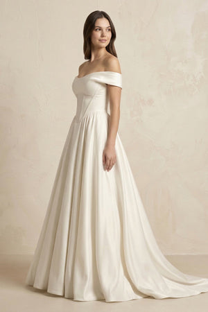 A - Line Satin Off - the - Shoulder Corset Wedding Dress in Ivory - KISS BRIDAL Wedding Dresses
