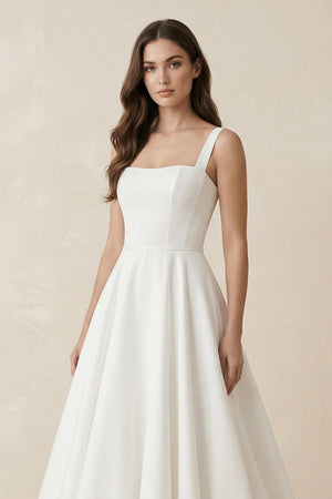 A - Line Satin Square Neck Maxi Wedding Dress in White - KISS BRIDAL Wedding Dresses