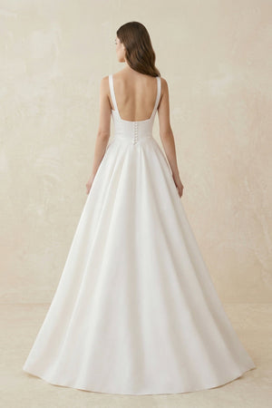 A - Line Satin Square Neck Maxi Wedding Dress in White - KISS BRIDAL Wedding Dresses