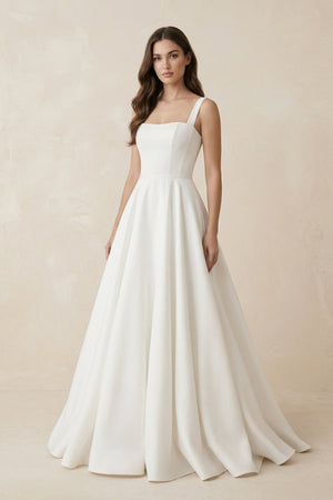 A - Line Satin Square Neck Maxi Wedding Dress in White - KISS BRIDAL Wedding Dresses