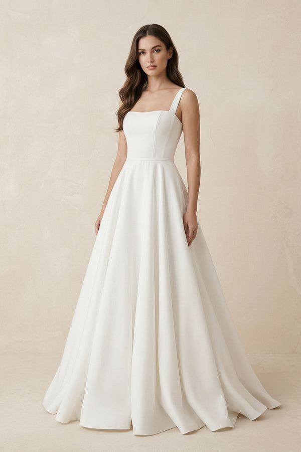 A - Line Satin Square Neck Maxi Wedding Dress in White - KISS BRIDAL Wedding Dresses