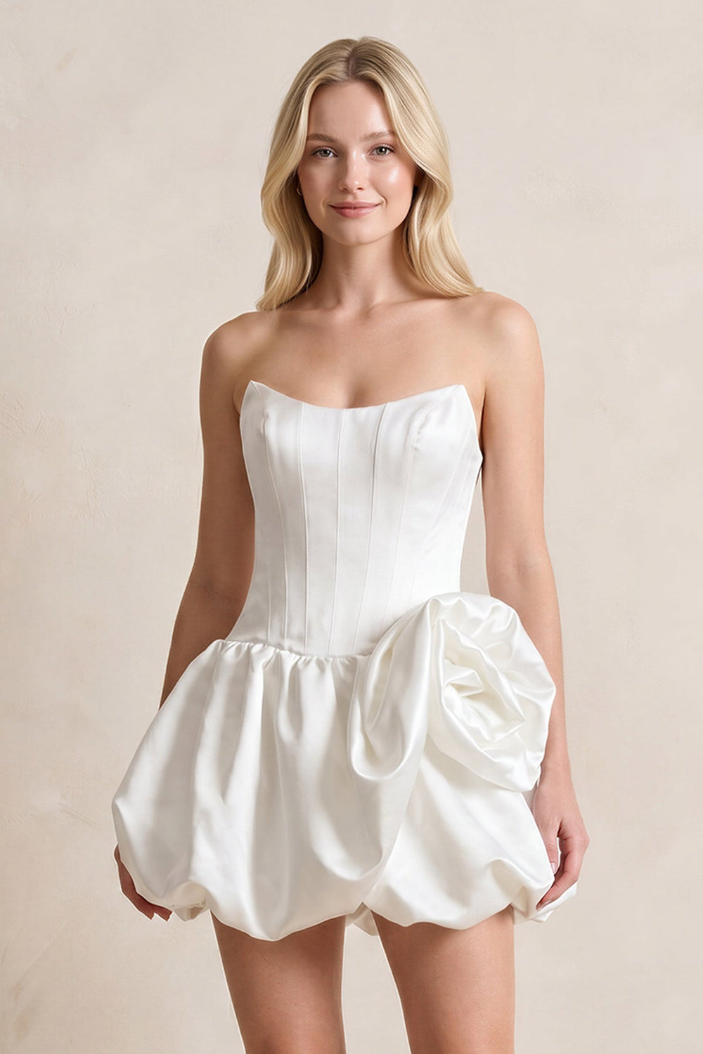 A-Line Satin Strapless Mini Ruched Wedding Dress in White