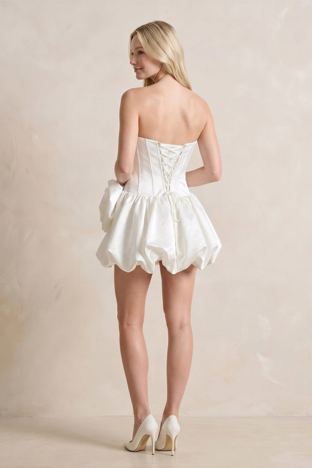 A-Line Satin Strapless Mini Ruched Wedding Dress in White