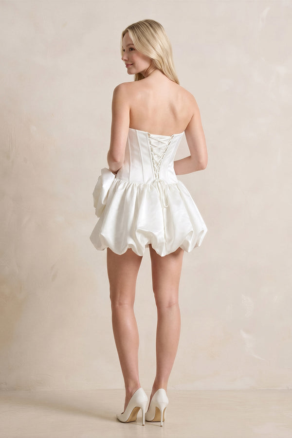A - Line Satin Strapless Mini Ruched Wedding Dress in White - KISS BRIDAL Wedding Dresses