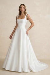 A Line Satin Sweep Train Wedding Dress in Ivory - KISS BRIDAL Wedding Dresses