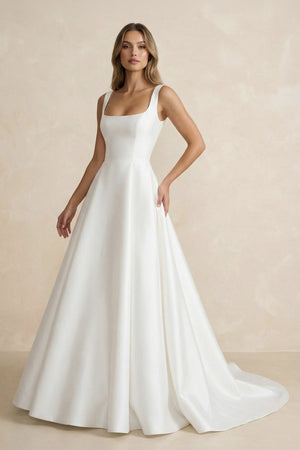 A Line Satin Sweep Train Wedding Dress in Ivory - KISS BRIDAL Wedding Dresses