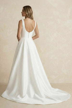 A Line Satin Sweep Train Wedding Dress in Ivory - KISS BRIDAL Wedding Dresses