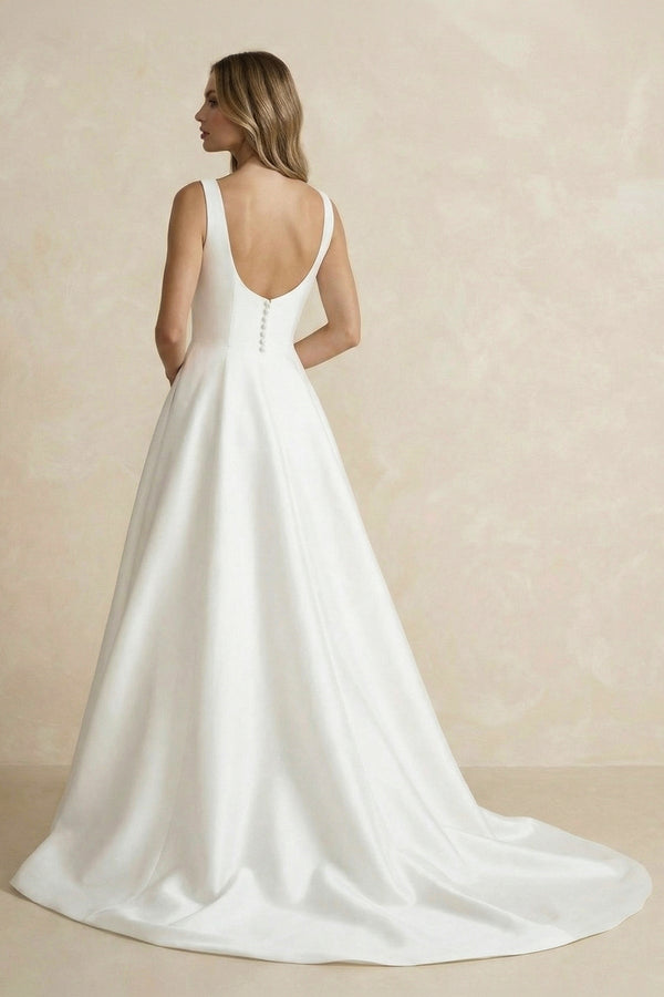 A Line Satin Sweep Train Wedding Dress in Ivory - KISS BRIDAL Wedding Dresses