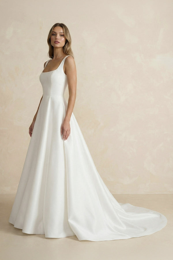 A Line Satin Sweep Train Wedding Dress in Ivory - KISS BRIDAL Wedding Dresses