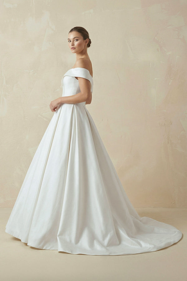 A - Line Satin Sweep Train White Wedding Dress - KISS BRIDAL Wedding Dresses